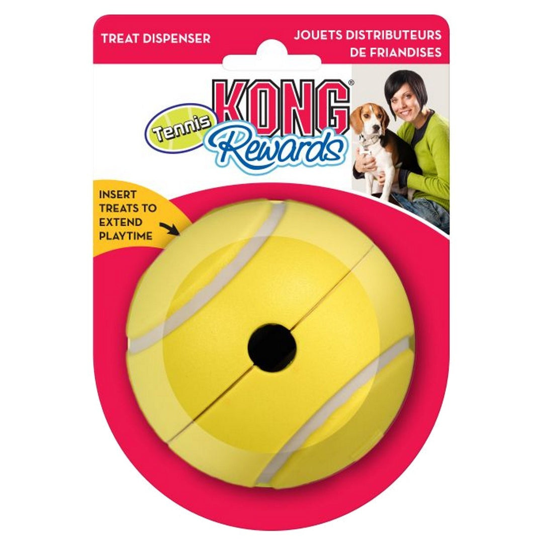 Yellow tennis ball with black center in KONG Rewards packaging on a white background