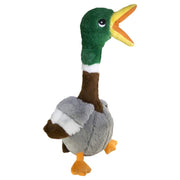Plush duck toy with green head, brown body, and gray wings on a white background