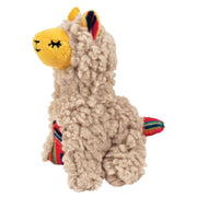 Plush toy llama with a yellow face and colorful ears on a white background