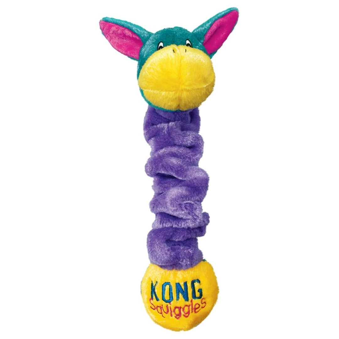 Colorful dog toy with purple spiral and yellow base on a white background
