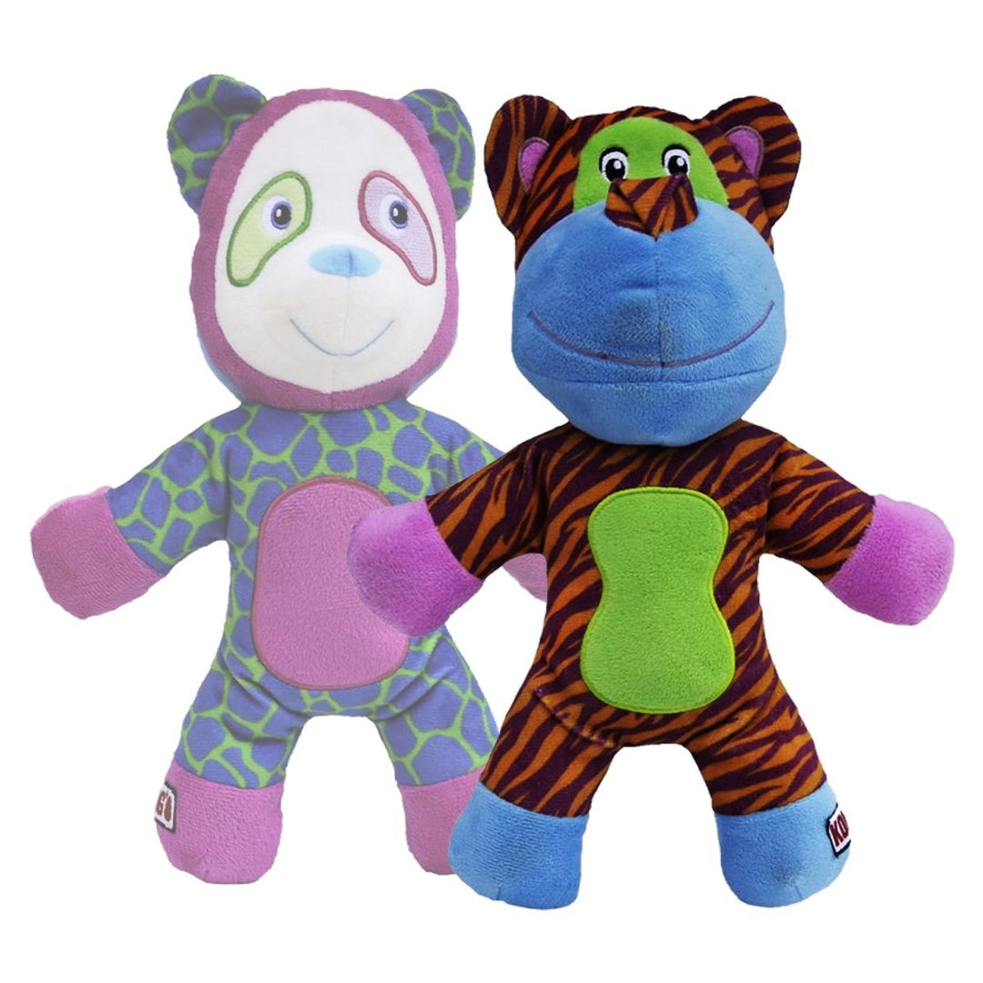 Two colorful plush toys with animal-themed designs on a white background