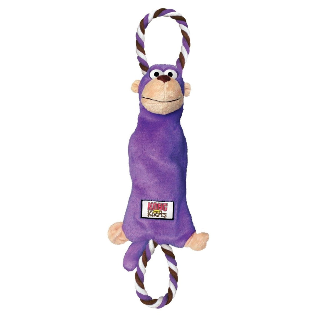 Purple monkey-shaped toy with a rope on a white background