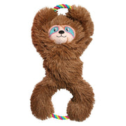 Plush sloth toy with a colorful rope on a white background
