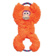 Orange plush monkey toy with a rope on a white background