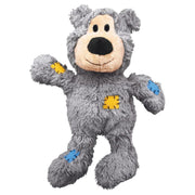 Gray plush toy with a bear-like design on a white background
