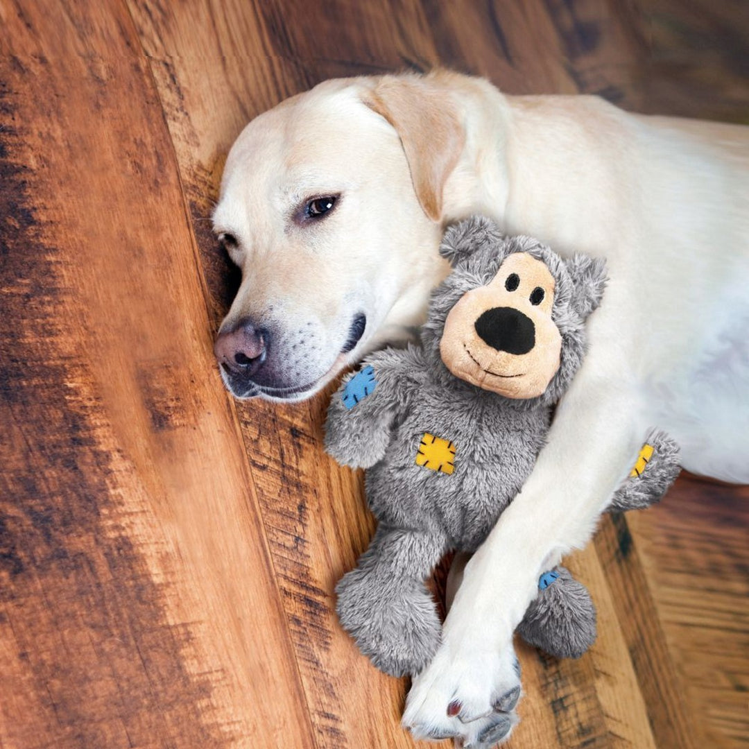 Dog holding a plush toy on a wooden floor