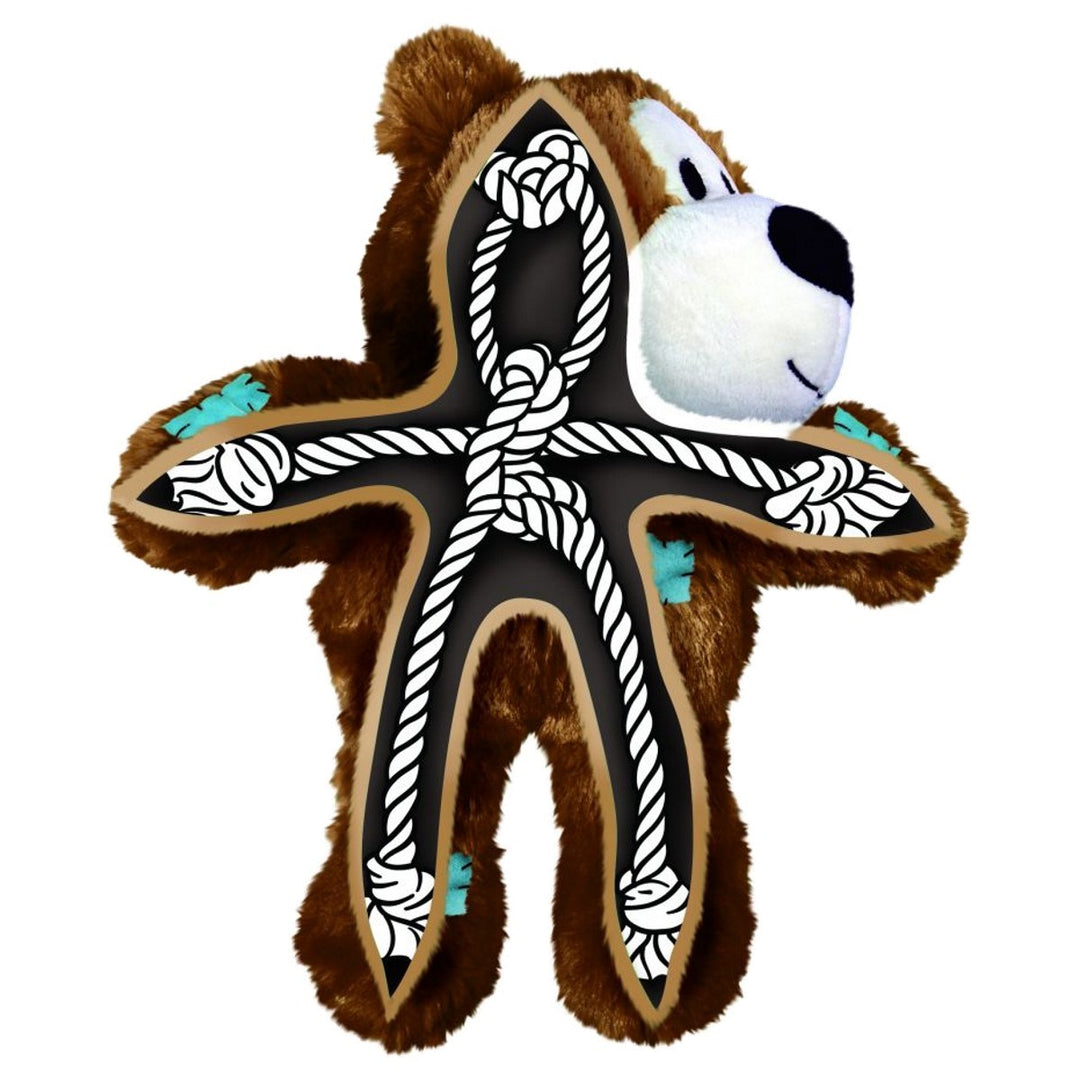 Plush toy shaped like a cross with a bear face and rope design on a white background