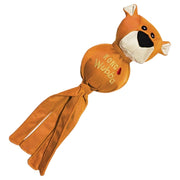 Orange fox-shaped toy with a ribbon on a white background