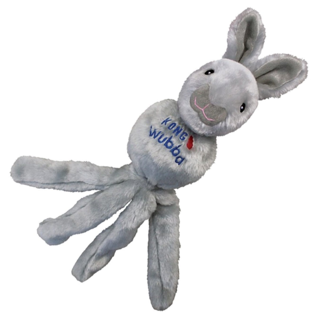 Gray plush toy with 'KONG Wubba' branding on a white background