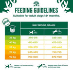 Load image into Gallery viewer, Feeding guidelines chart for dogs with daily serving amounts based on weight.
