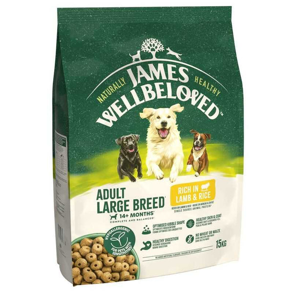 James Wellbeloved dog food package for adult large breed dogs on a white background