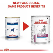 Two cans of Royal Canin Veterinary Diet Renal Special on a white background with text about new packaging design.