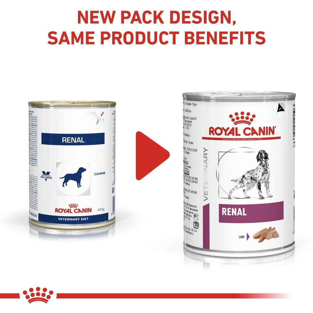 Two cans of Royal Canin Veterinary Diet Renal on a white background with text about new packaging design.