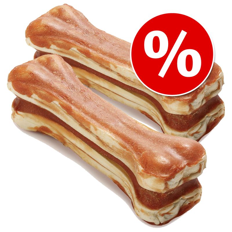 Three stacked rawhide bones with a red percentage sign icon on a white background