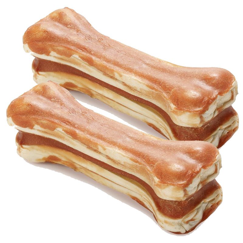 Two bone-shaped dog treats on a white background