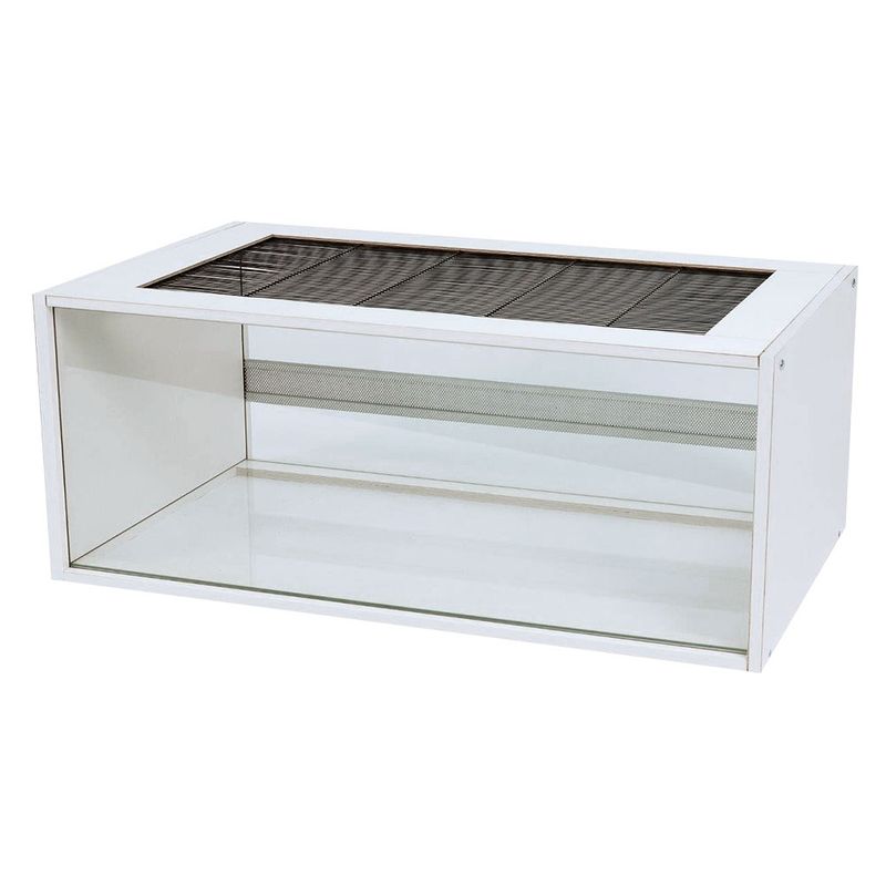 White rectangular coffee table with glass top on a white background