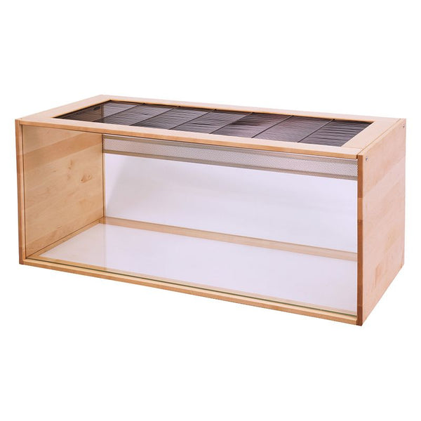 Wooden pet cage with transparent front on a white background