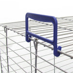 Load image into Gallery viewer, Blue handle attached to a metal wire shelf on a white background
