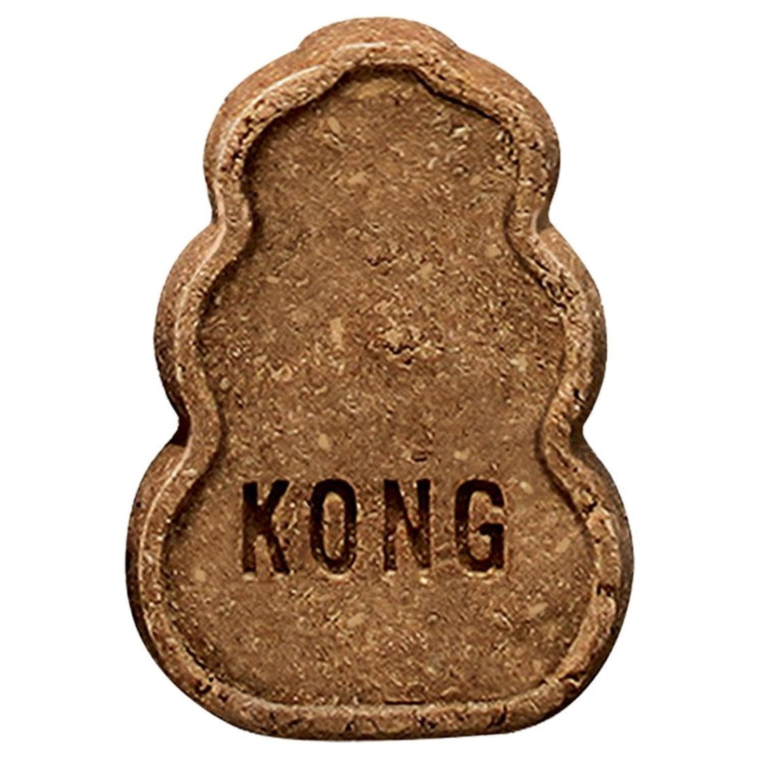 Dog treat shaped like a KONG with a brown color on a white background