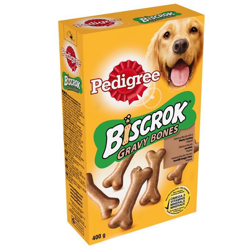 Box of Pedigree Biscrok Gravy Bones dog treats with a dog's face on the packaging.