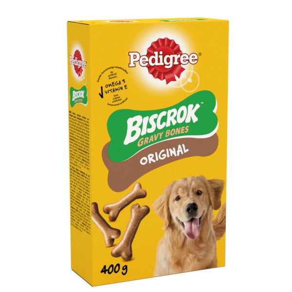Box of Pedigree Biscrok Gravy Bones Original dog treats on a white background