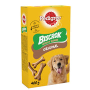 Box of Pedigree Biscrok Gravy Bones Original dog treats on a white background