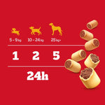 Load image into Gallery viewer, Dog food packaging with size chart and quantity display on a red background
