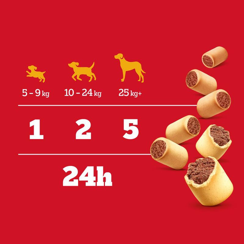 Dog food packaging with size chart and quantity display on a red background