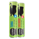 Load image into Gallery viewer, Two green cat food cans labeled &#39;Tuna&#39; and &#39;Salmon&#39; by Cosma on a white background.
