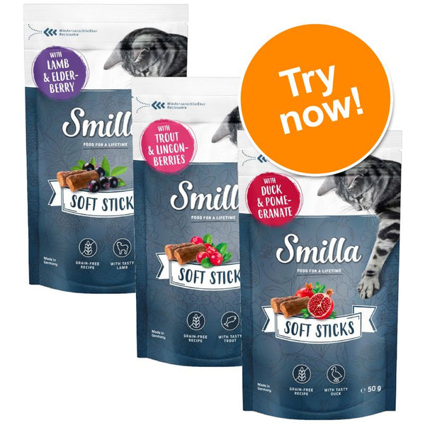 Three packages of Smilla Soft Sticks cat treats with a 'Try now!' button.