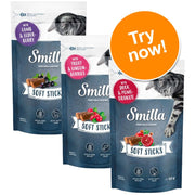 Three packages of Smilla Soft Sticks cat treats with a 'Try now!' button.