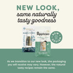Load image into Gallery viewer, Three Applaws pet treat packages with text about new packaging design.
