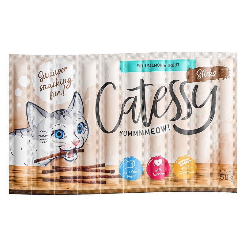 Catessy treats packaging with a cartoon cat and text on a white background
