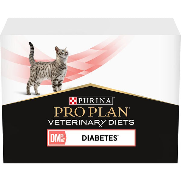 Purina Pro Plan Veterinary Diets DM Diabetes cat food packaging with a cat illustration on a white background