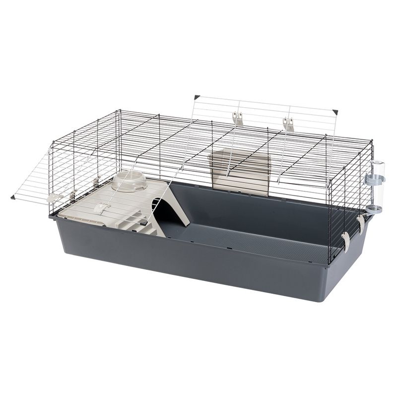 Pet cage with a gray base and wire top on a white background