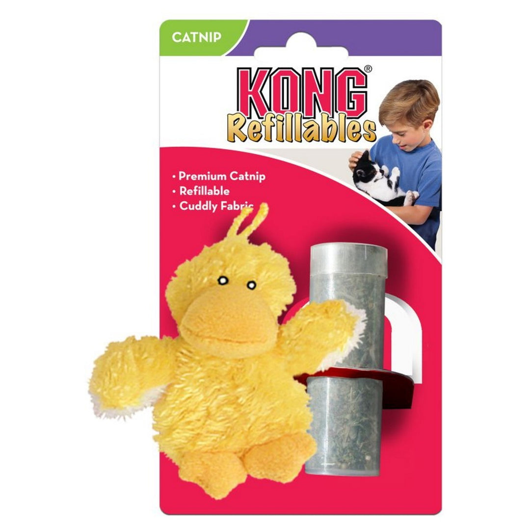 KONG Refillables cat toy packaging with a yellow duck-shaped toy and a refillable component on a pink background.