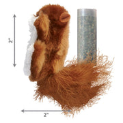 Plush toy resembling a fox with dimensions indicated on a white background
