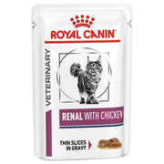 Royal Canin Veterinary Diet Renal with Chicken cat food pouch on a white background
