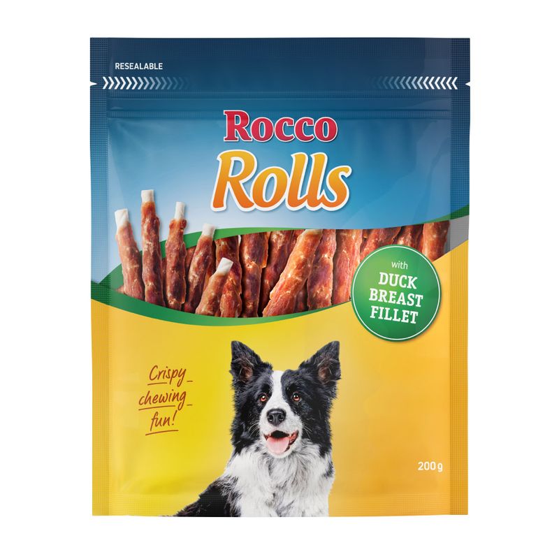 Rocco Rolls dog treat package with a dog on the label