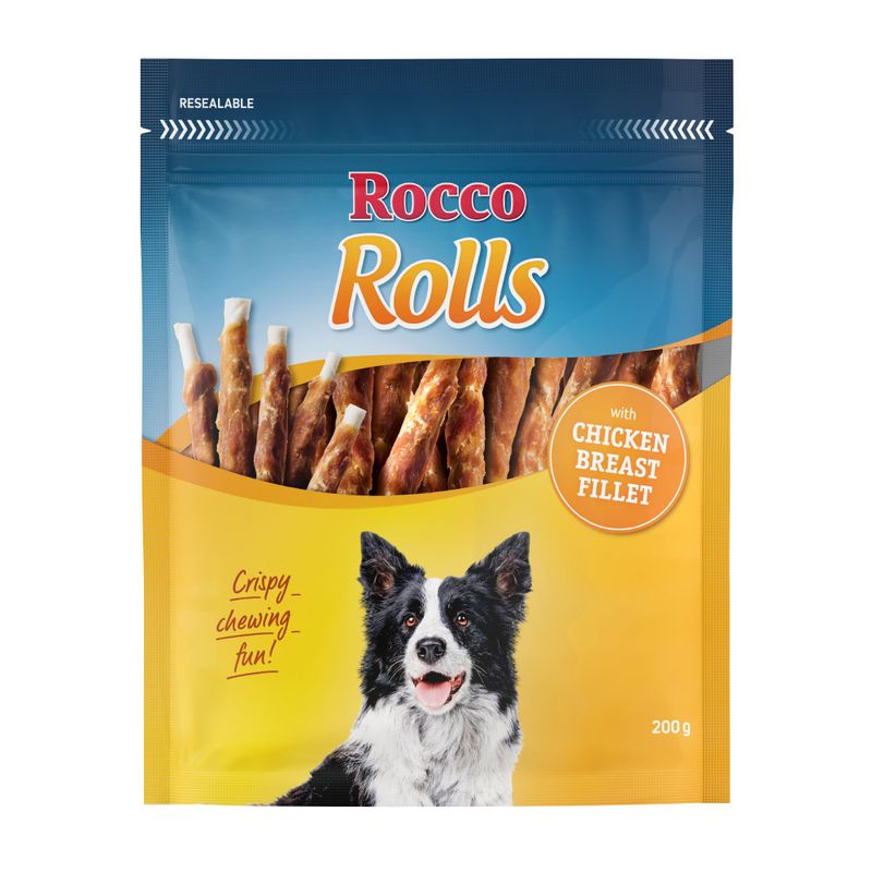 Rocco Rolls dog treat package with a dog on the label