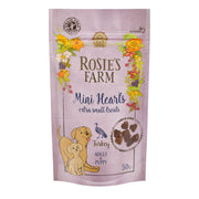 Rosie's Farm Mini Hearts dog treats packaging on a white background