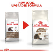 Two packages of Royal Canin Ageing +12 cat food with a red play button graphic.
