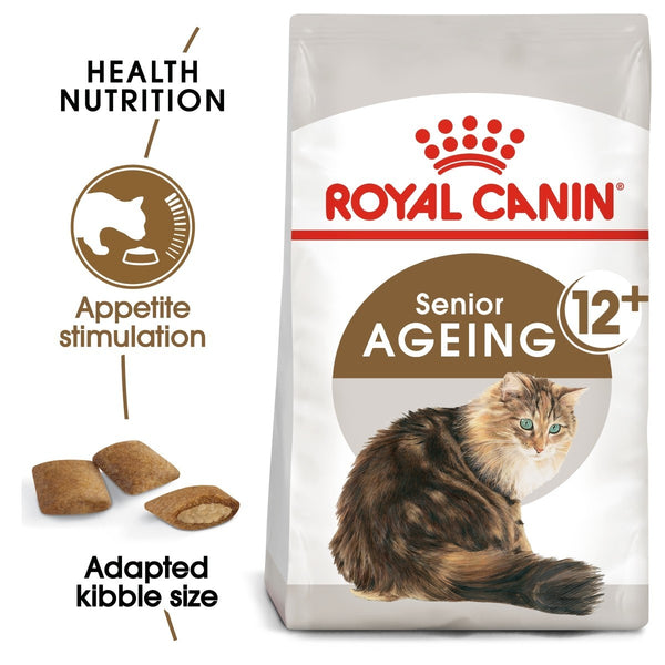 Royal Canin Senior Ageing 12+ cat food bag with a cat on the label.