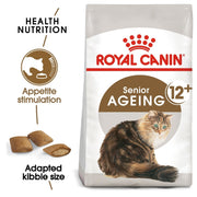 Royal Canin Senior Ageing 12+ cat food bag with a cat on the label.