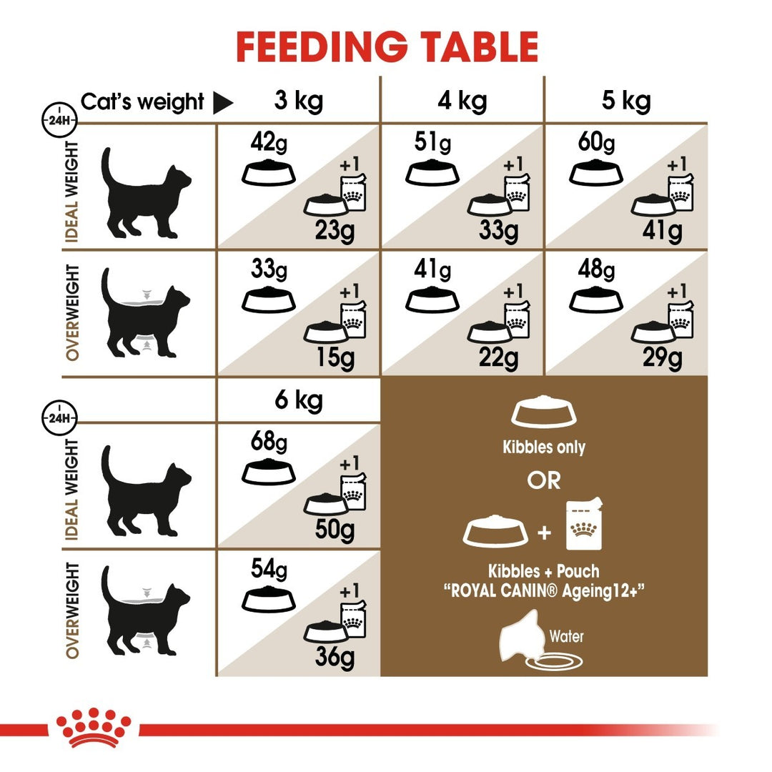 Feeding table chart for cats with weight categories and food portions.