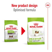 Two packages of Royal Canin X-Small ageing 12+ dog food with a red arrow and text indicating new product design and optimized formula.