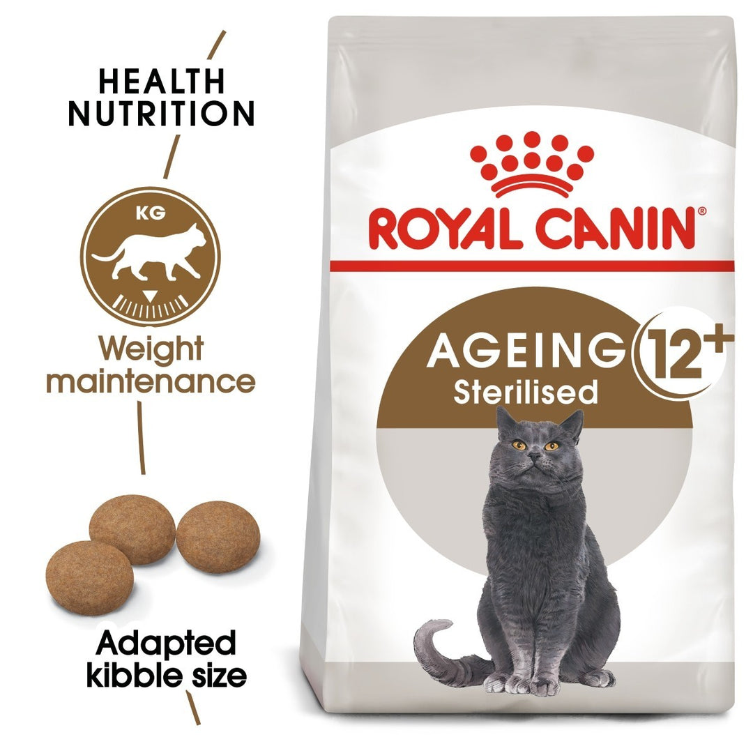 Royal Canin Ageing 12+ Sterilised cat food bag with a gray cat illustration on a white background