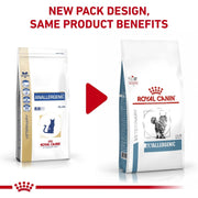 Two packages of Royal Canin Veterinary Diet cat food with a red play button in the middle.
