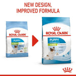 Load image into Gallery viewer, Two packages of Royal Canin Puppy X-Small dog food with a red arrow and text indicating a new design and improved formula.
