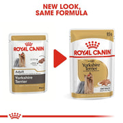 Two packages of Royal Canin Yorkshire Terrier dog food with a red arrow and text indicating 'New Look, Same Formula'.